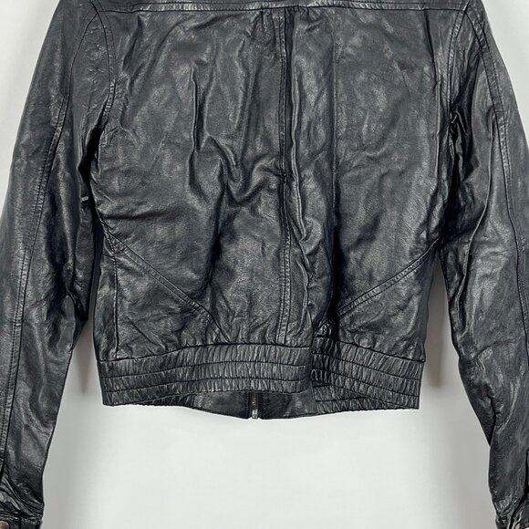 Kismet Cropped Biker Jacket Size S Black Faux Leather Long Sleeve Full Zip Band - Picture 8 of 9